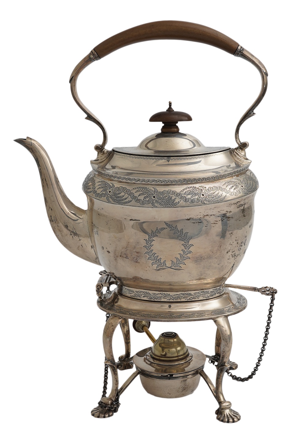 A George V silver oval tea kettle on stand with plated burner, Crichton Brothers